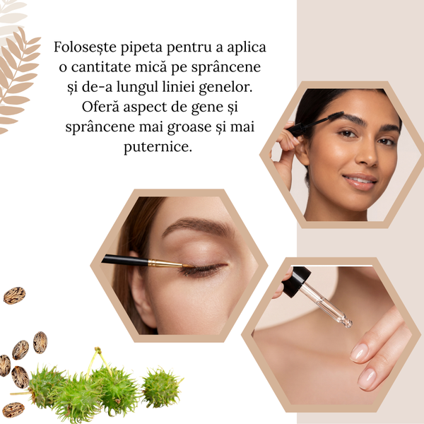 Ulei de Ricin Presat la Rece pentru Gene, Sprâncene, Păr și Unghii, 3 Aplicatoare Incluse