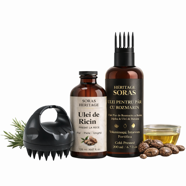 Set Complet pentru Creșterea Părului – Ulei de Rozmarin, Ulei de Ricin & Perie de Masaj SORAS