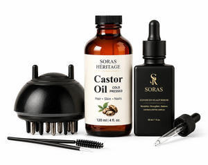 Set Complet pentru Creșterea Părului – Ser Avansat, Ulei de Ricin & Perie de Masaj SORAS